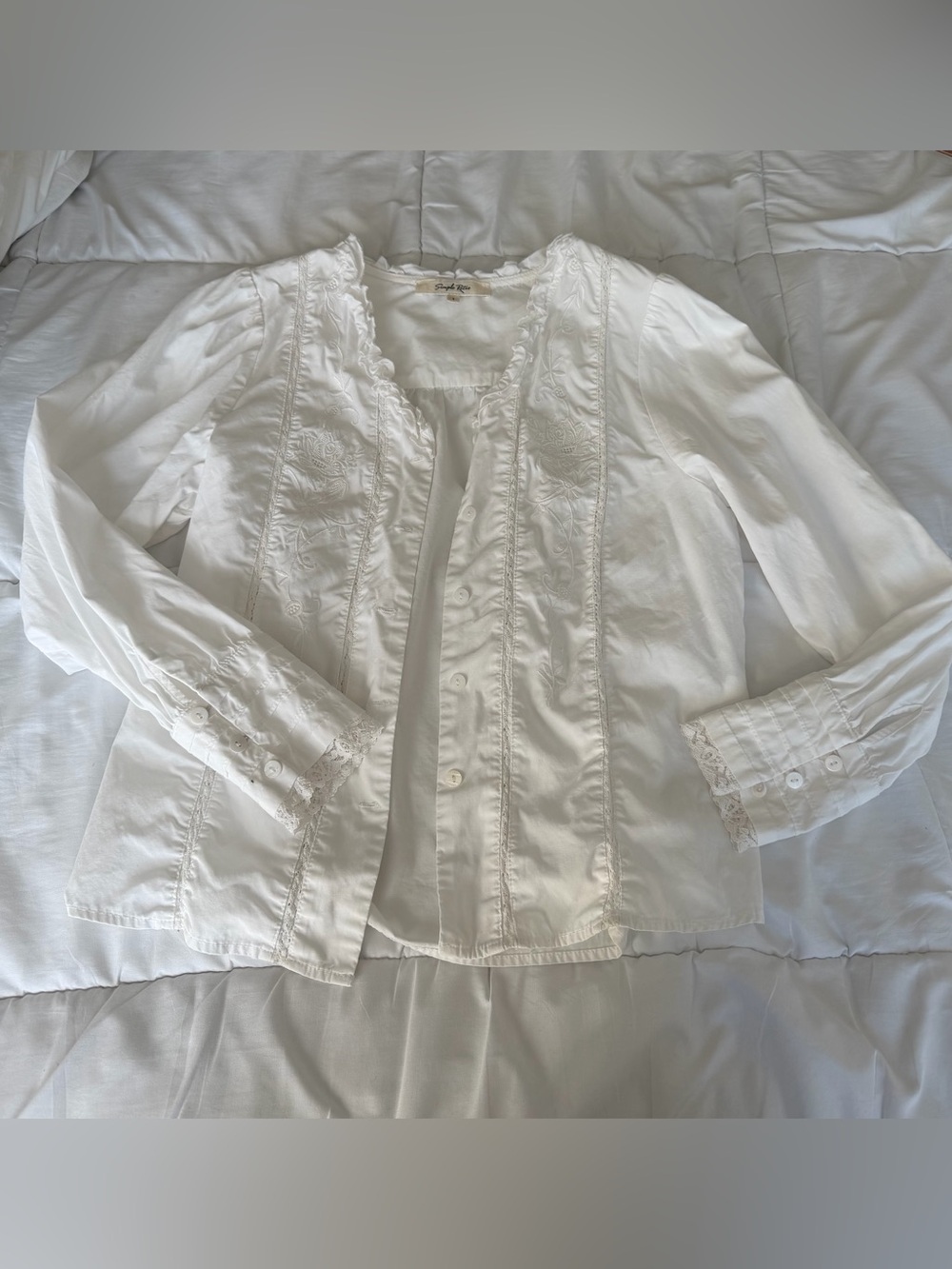 White Embroidered Button-Front Blouse